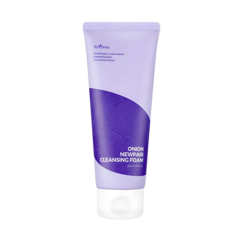 Isntree Onion Newpair Cleansing Foam 150ml in purple tube for acne-safe cleansing and brightening blemish-prone skin.